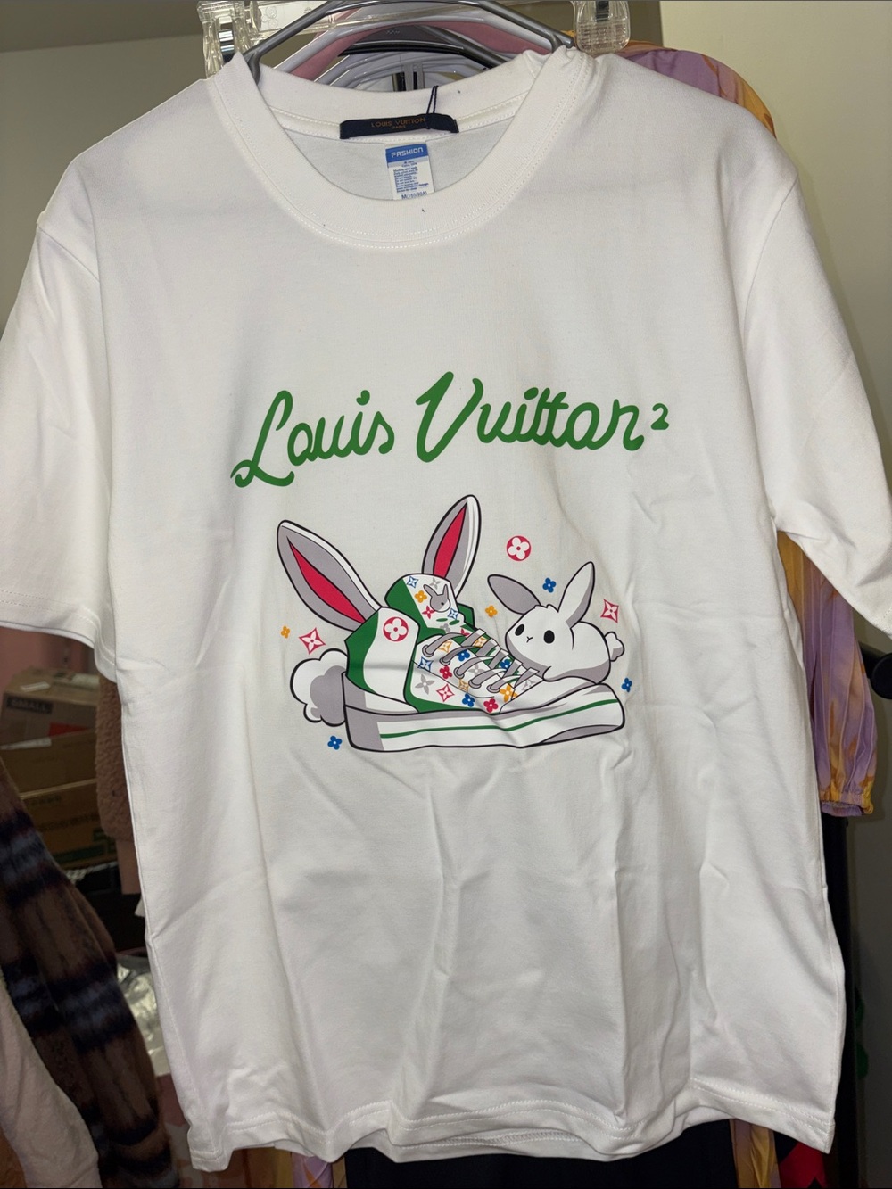 Designer inspired white Short-Sleeve Tee w/Green Logo and Bunny Sneaker Graphic